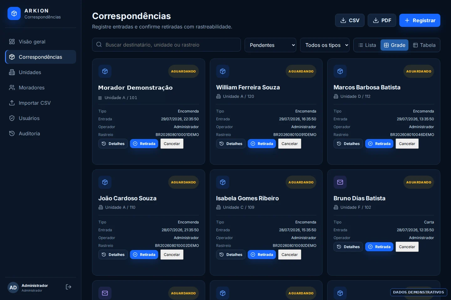 Correspondências demonstrativas exibidas em grade no Arkion