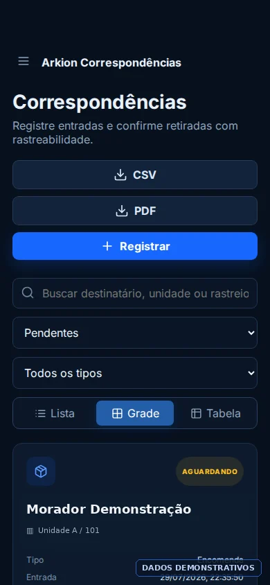 Arkion Correspondências em tela de celular com dados demonstrativos